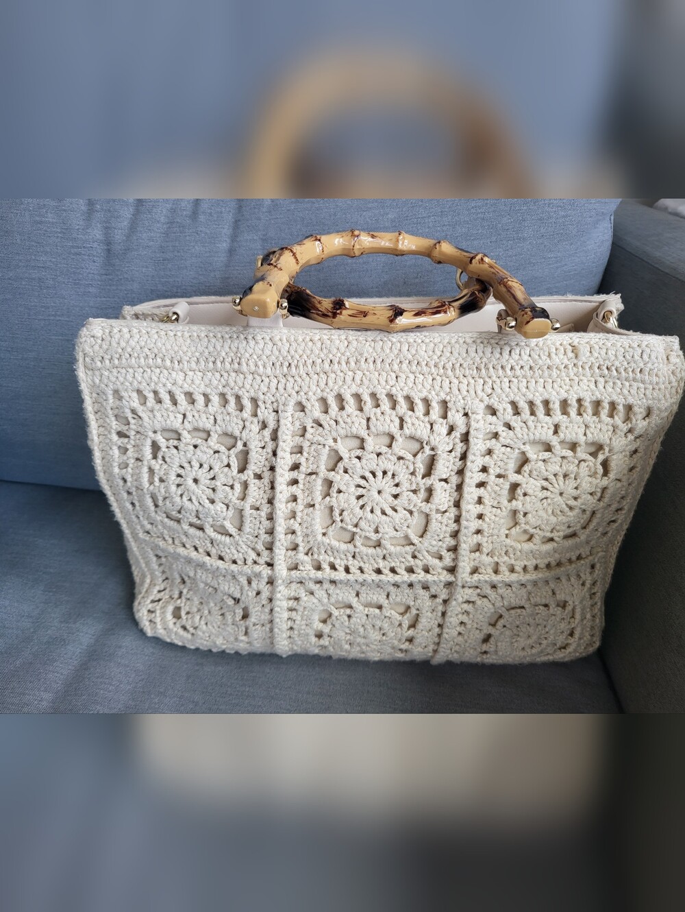 New Crochet Cream Tote Bag with Bamboo Handle And Shoulder/crossbody Strap